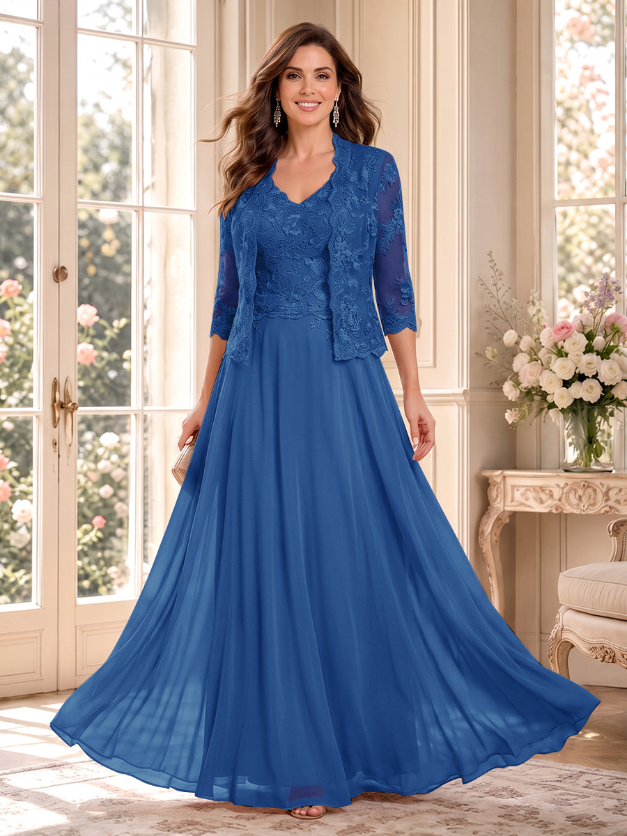 A-Line/Princess V-Neck 3/4 Sleeves Floor-Length Mother of the Bride Dresses with Jacket &amp; Applique