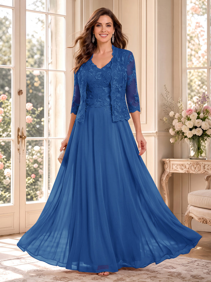 A-Line/Princess V-Neck 3/4 Sleeves Floor-Length Mother of the Bride Dresses with Jacket &amp; Applique