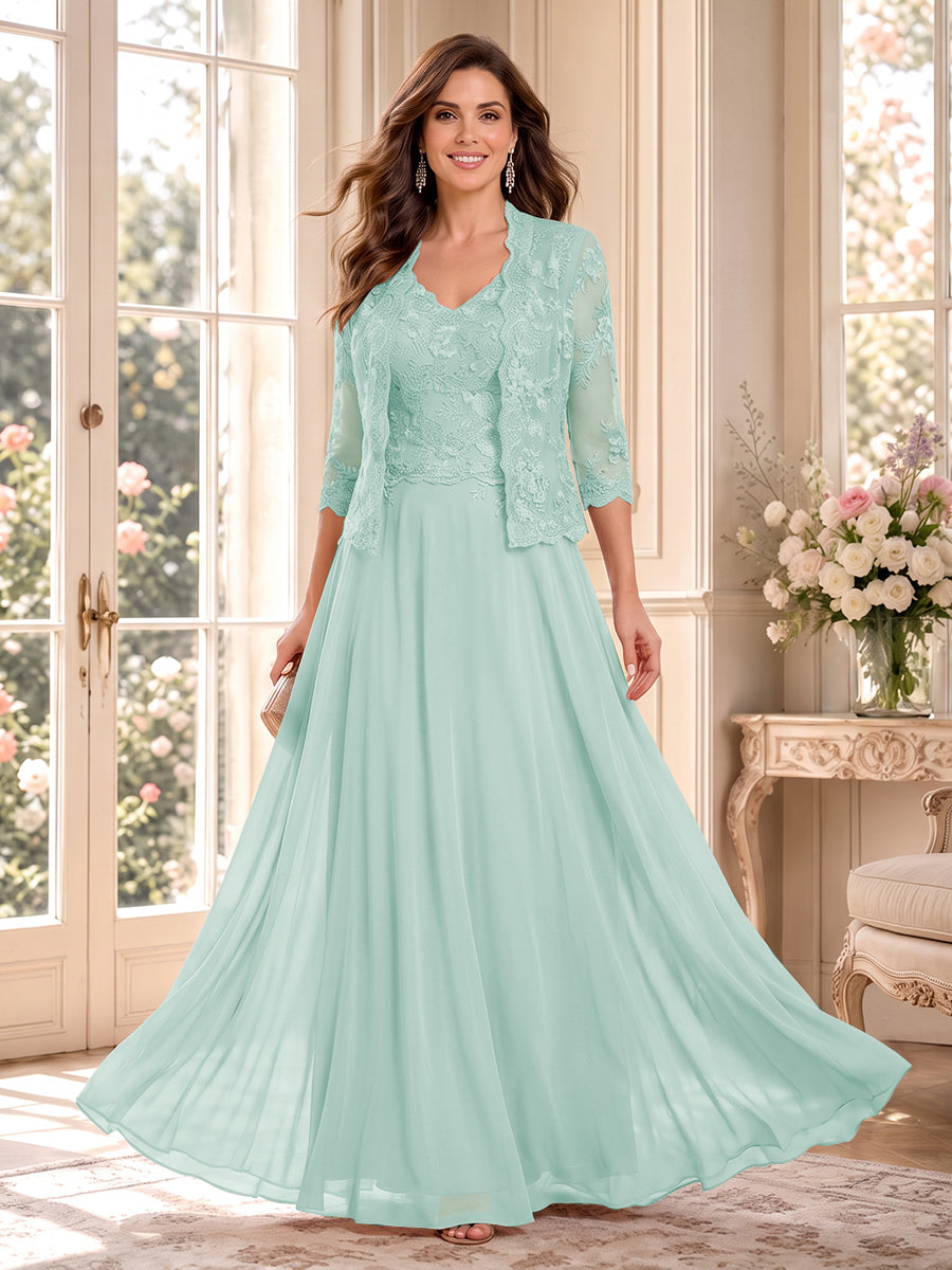 A-Line/Princess V-Neck 3/4 Sleeves Floor-Length Mother of the Bride Dresses with Jacket &amp; Applique