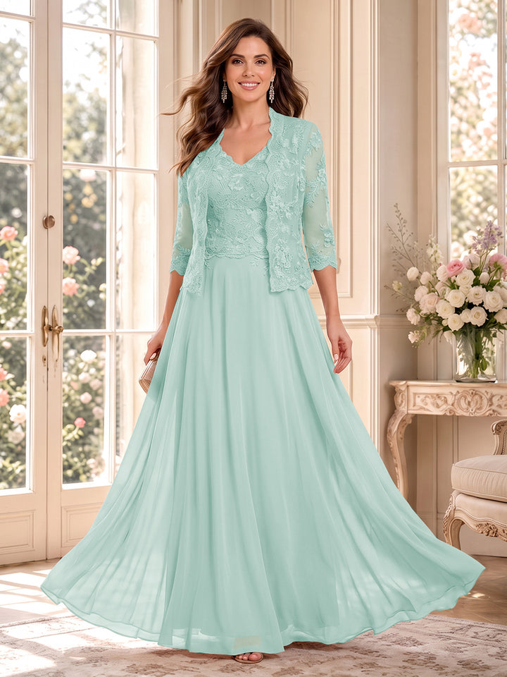 A-Line/Princess V-Neck 3/4 Sleeves Floor-Length Mother of the Bride Dresses with Jacket &amp; Applique