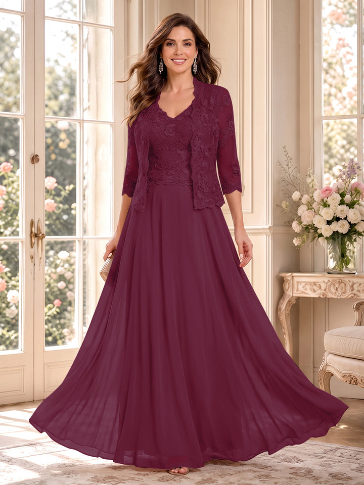 A-Line/Princess V-Neck 3/4 Sleeves Floor-Length Mother of the Bride Dresses with Jacket &amp; Applique