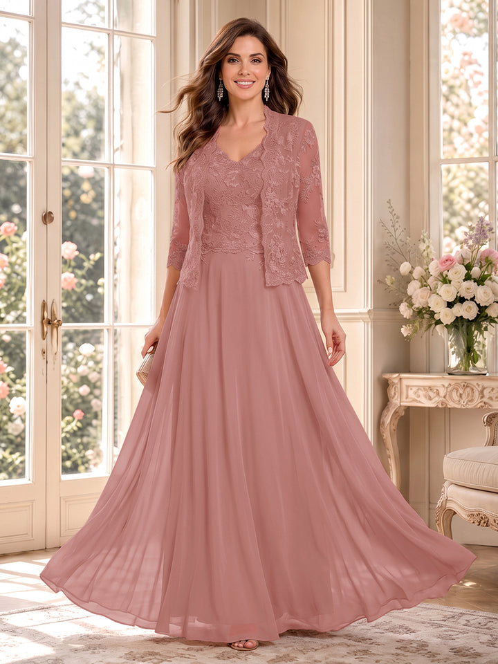 A-Line/Princess V-Neck 3/4 Sleeves Floor-Length Mother of the Bride Dresses with Jacket &amp; Applique