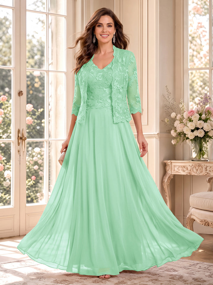 A-Line/Princess V-Neck 3/4 Sleeves Floor-Length Mother of the Bride Dresses with Jacket &amp; Applique
