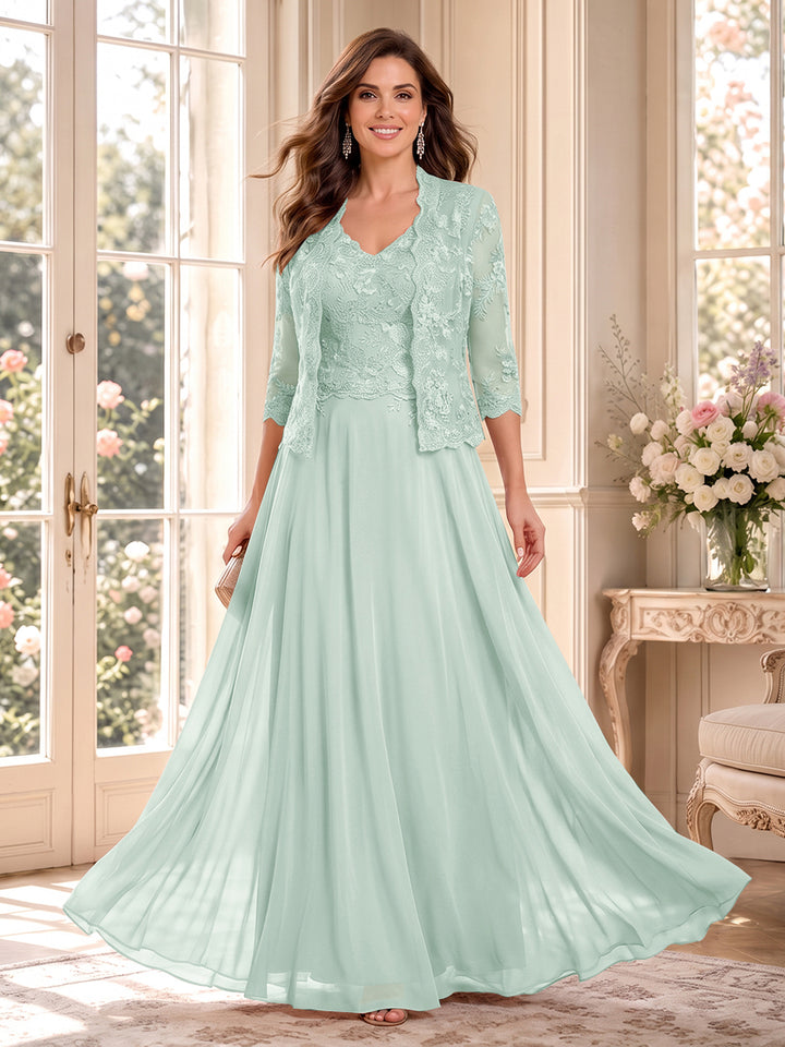 A-Line/Princess V-Neck 3/4 Sleeves Floor-Length Mother of the Bride Dresses with Jacket &amp; Applique