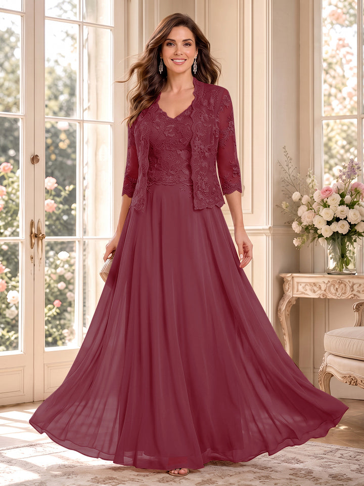 A-Line/Princess V-Neck 3/4 Sleeves Floor-Length Mother of the Bride Dresses with Jacket &amp; Applique