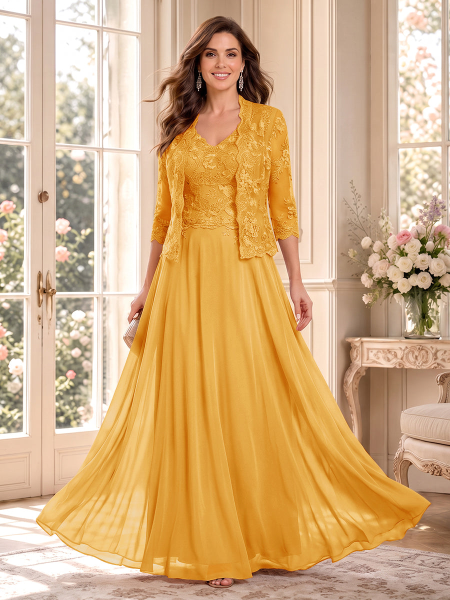 A-Line/Princess V-Neck 3/4 Sleeves Floor-Length Mother of the Bride Dresses with Jacket &amp; Applique