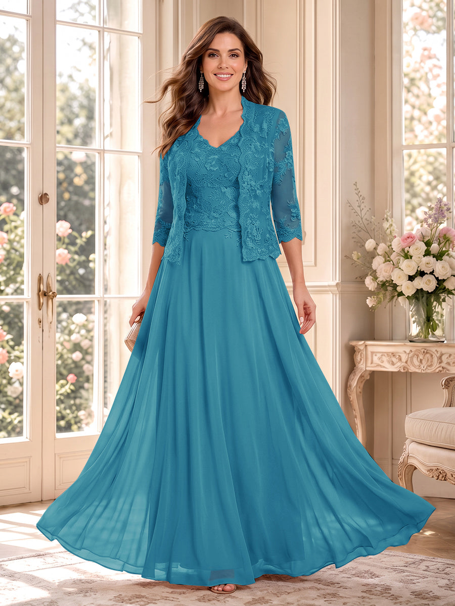 A-Line/Princess V-Neck 3/4 Sleeves Floor-Length Mother of the Bride Dresses with Jacket &amp; Applique