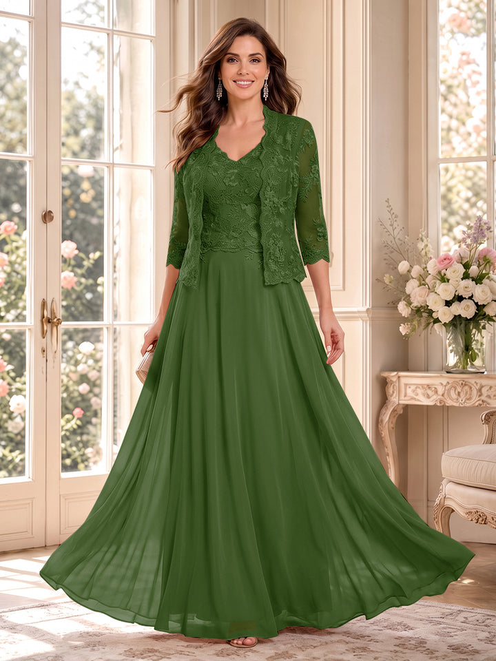 A-Line/Princess V-Neck 3/4 Sleeves Floor-Length Mother of the Bride Dresses with Jacket &amp; Applique