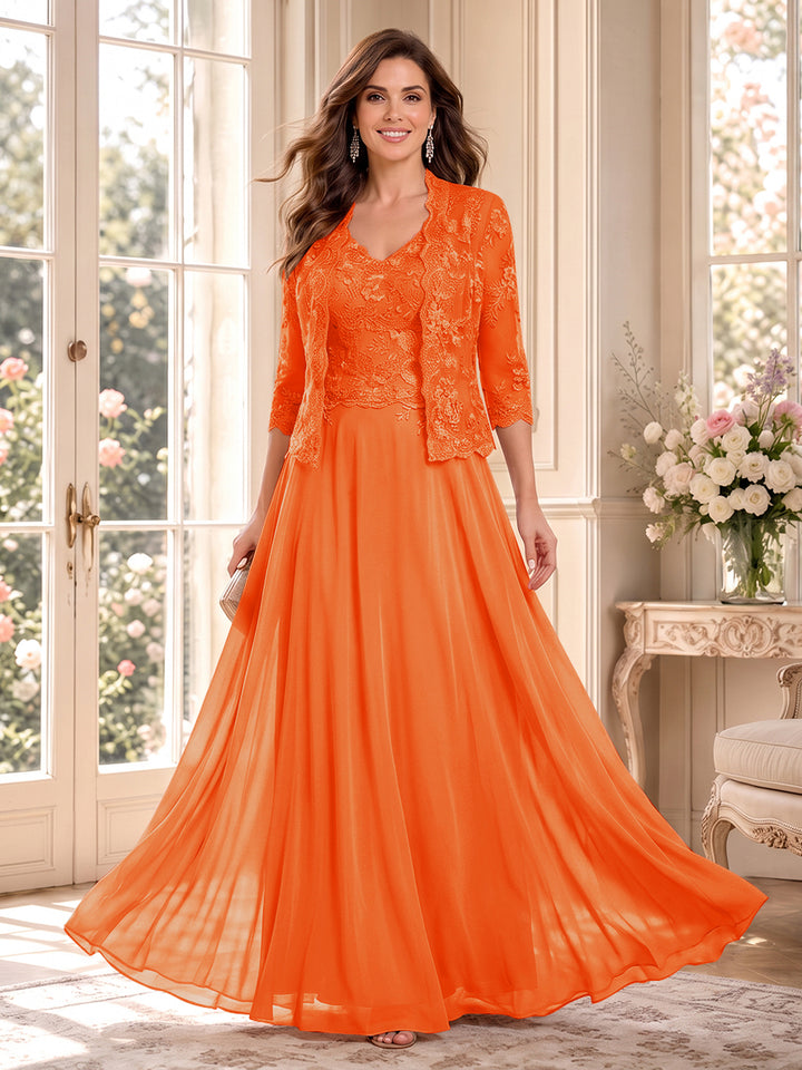 A-Line/Princess V-Neck 3/4 Sleeves Floor-Length Mother of the Bride Dresses with Jacket &amp; Applique