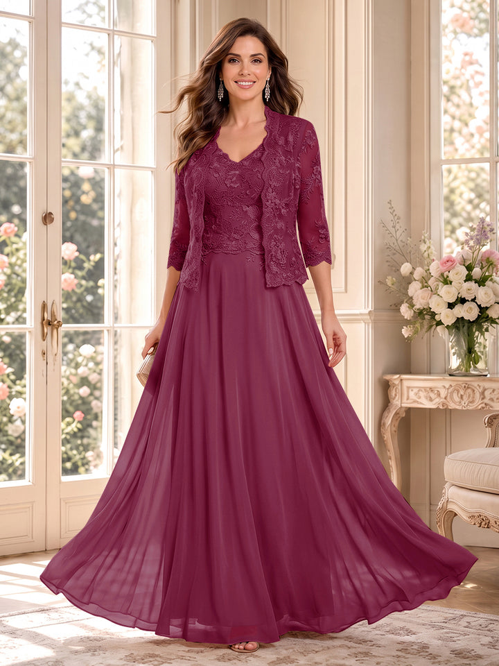 A-Line/Princess V-Neck 3/4 Sleeves Floor-Length Mother of the Bride Dresses with Jacket &amp; Applique
