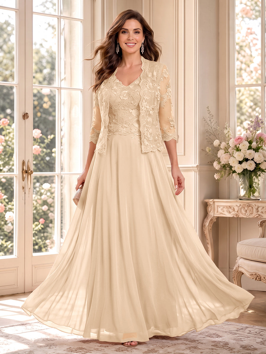 A-Line/Princess V-Neck 3/4 Sleeves Floor-Length Mother of the Bride Dresses with Jacket &amp; Applique