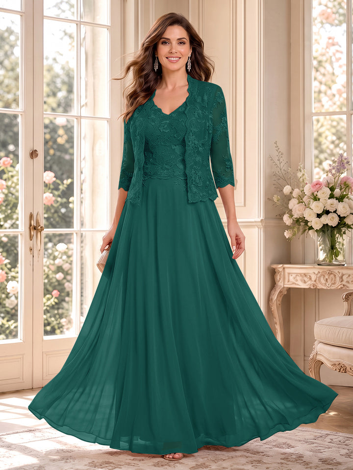 A-Line/Princess V-Neck 3/4 Sleeves Floor-Length Mother of the Bride Dresses with Jacket &amp; Applique