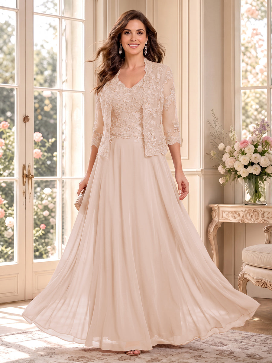 A-Line/Princess V-Neck 3/4 Sleeves Floor-Length Mother of the Bride Dresses with Jacket &amp; Applique