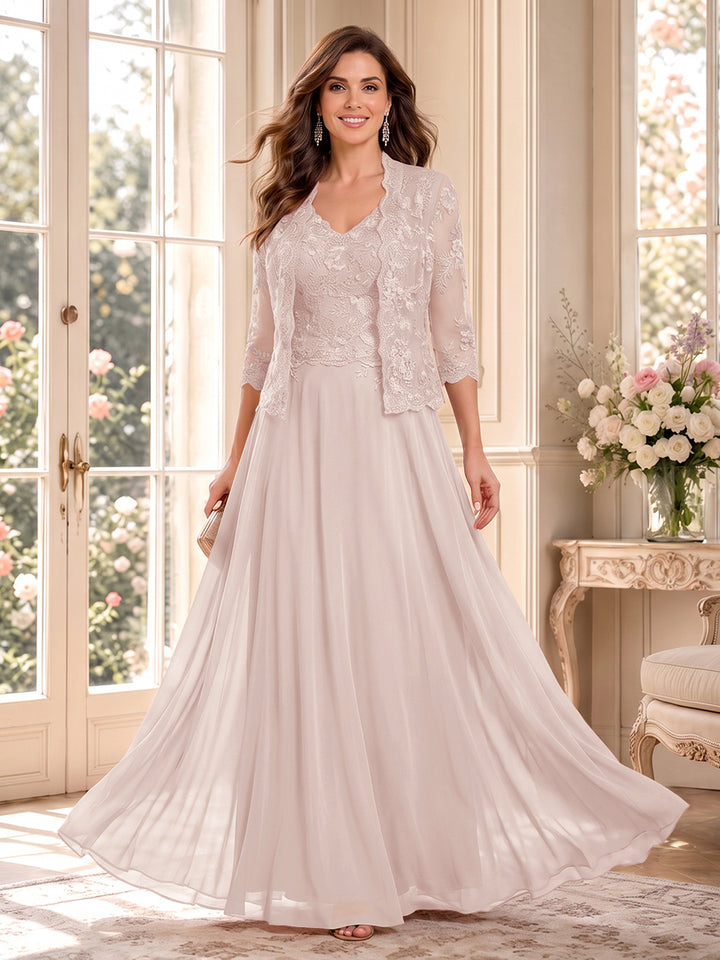 A-Line/Princess V-Neck 3/4 Sleeves Floor-Length Mother of the Bride Dresses with Jacket &amp; Applique
