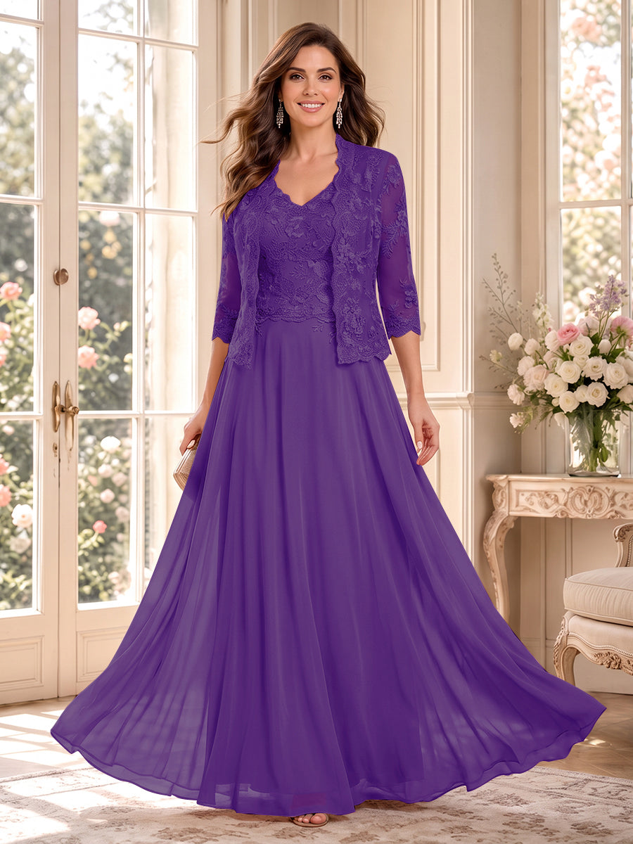 A-Line/Princess V-Neck 3/4 Sleeves Floor-Length Mother of the Bride Dresses with Jacket &amp; Applique