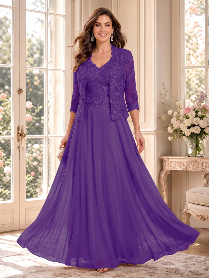 A-Line/Princess V-Neck 3/4 Sleeves Floor-Length Mother of the Bride Dresses with Jacket &amp; Applique