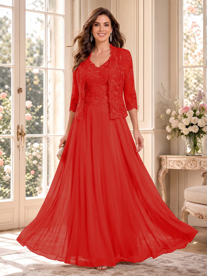 A-Line/Princess V-Neck 3/4 Sleeves Floor-Length Mother of the Bride Dresses with Jacket &amp; Applique