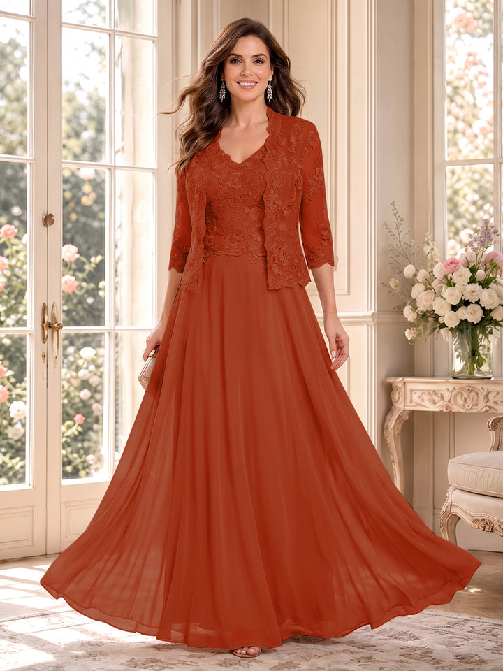 A-Line/Princess V-Neck 3/4 Sleeves Floor-Length Mother of the Bride Dresses with Jacket &amp; Applique