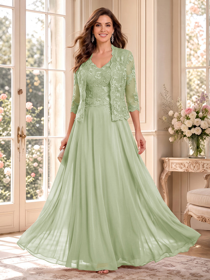 A-Line/Princess V-Neck 3/4 Sleeves Floor-Length Mother of the Bride Dresses with Jacket &amp; Applique