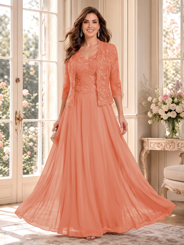 A-Line/Princess V-Neck 3/4 Sleeves Floor-Length Mother of the Bride Dresses with Jacket &amp; Applique
