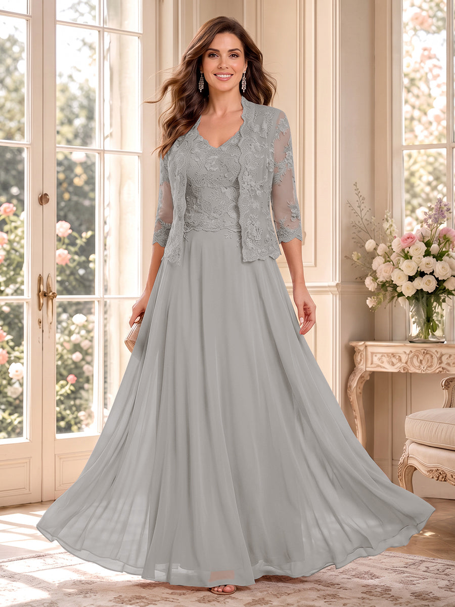 A-Line/Princess V-Neck 3/4 Sleeves Floor-Length Mother of the Bride Dresses with Jacket &amp; Applique