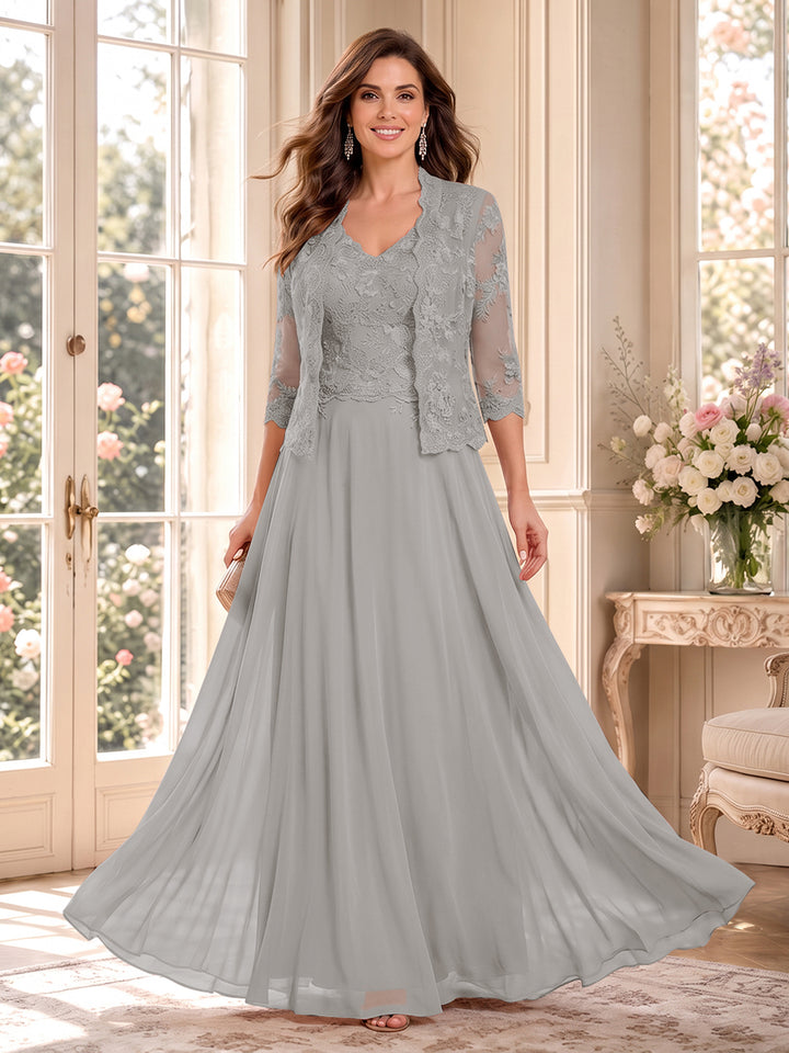 A-Line/Princess V-Neck 3/4 Sleeves Floor-Length Mother of the Bride Dresses with Jacket &amp; Applique