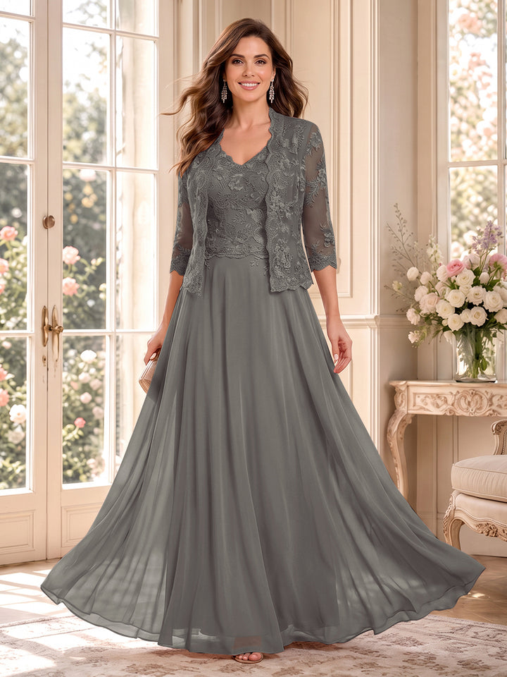 A-Line/Princess V-Neck 3/4 Sleeves Floor-Length Mother of the Bride Dresses with Jacket &amp; Applique