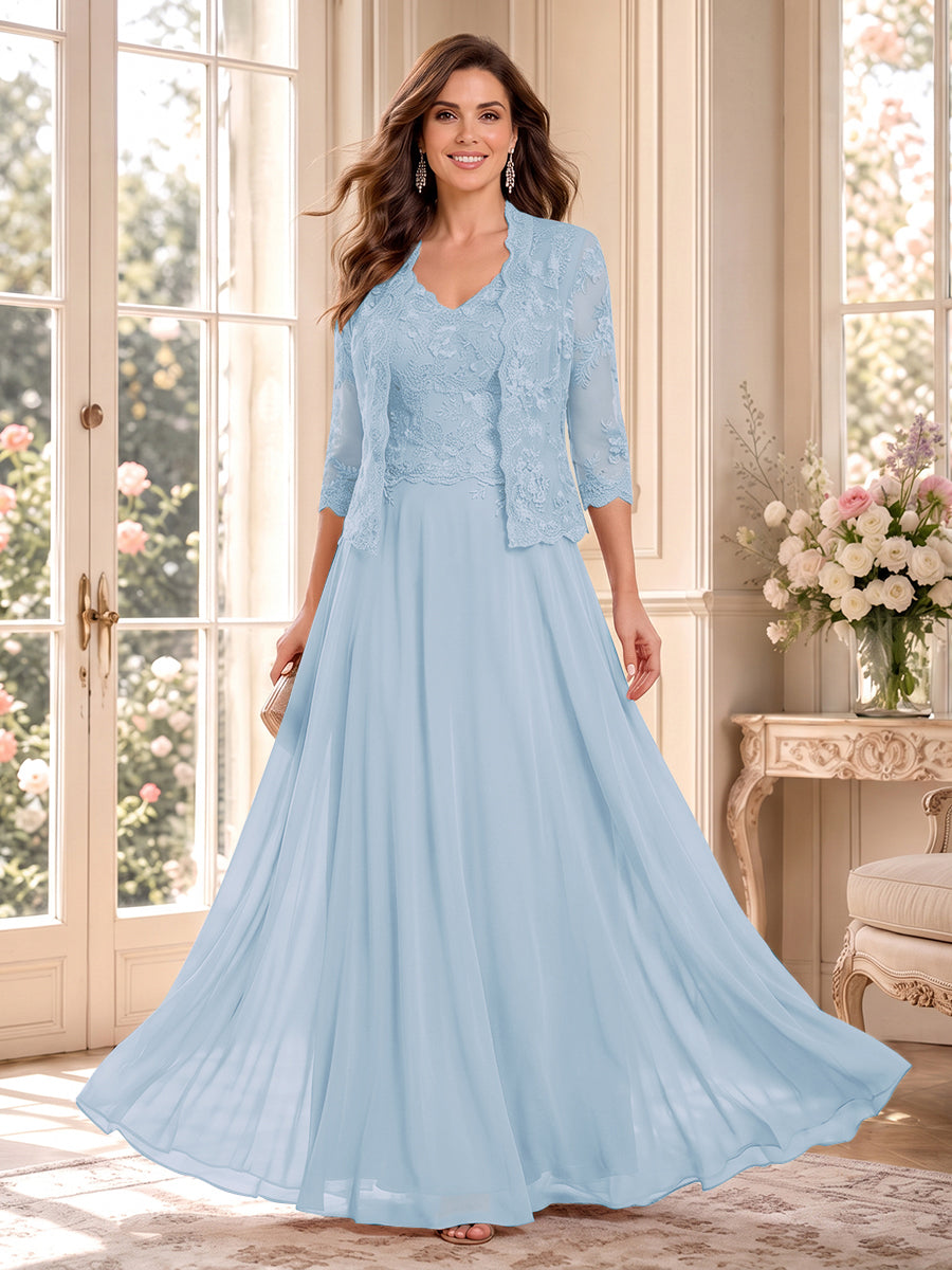A-Line/Princess V-Neck 3/4 Sleeves Floor-Length Mother of the Bride Dresses with Jacket &amp; Applique