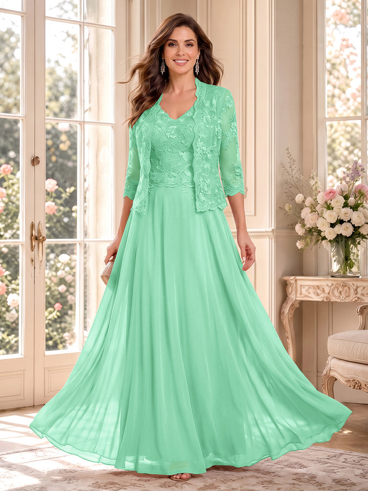 A-Line/Princess V-Neck 3/4 Sleeves Floor-Length Mother of the Bride Dresses with Jacket &amp; Applique
