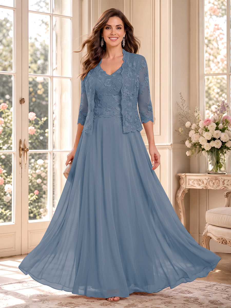A-Line/Princess V-Neck 3/4 Sleeves Floor-Length Mother of the Bride Dresses with Jacket &amp; Applique