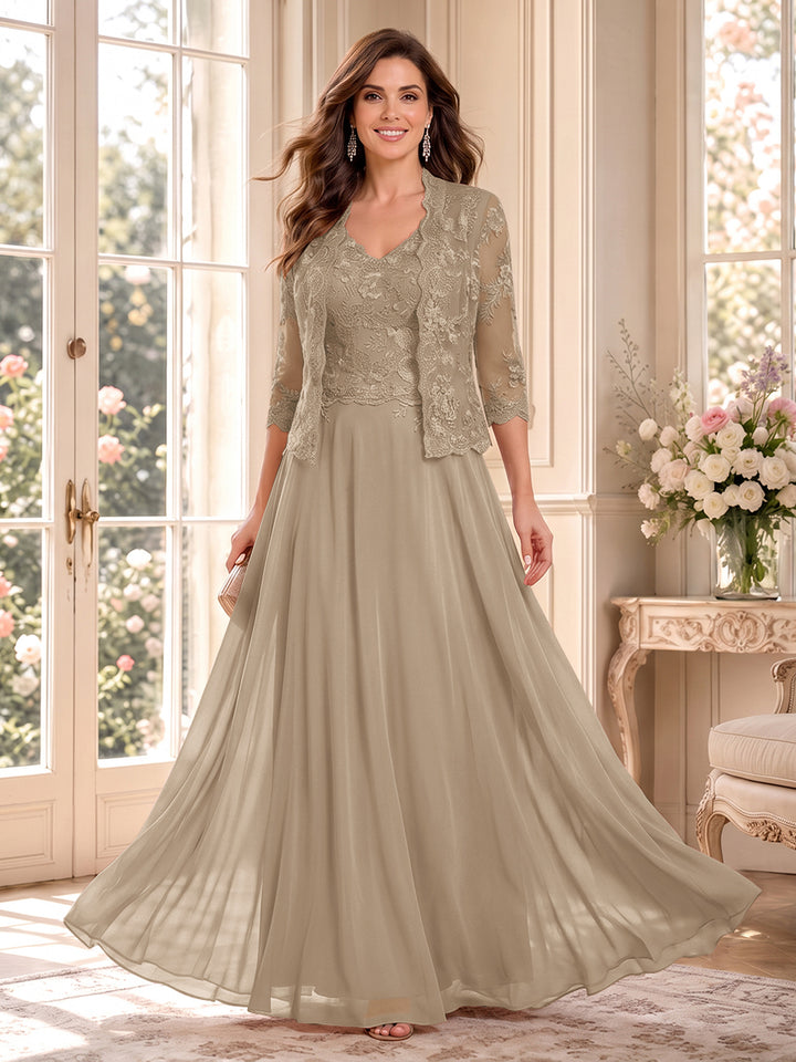 A-Line/Princess V-Neck 3/4 Sleeves Floor-Length Mother of the Bride Dresses with Jacket &amp; Applique