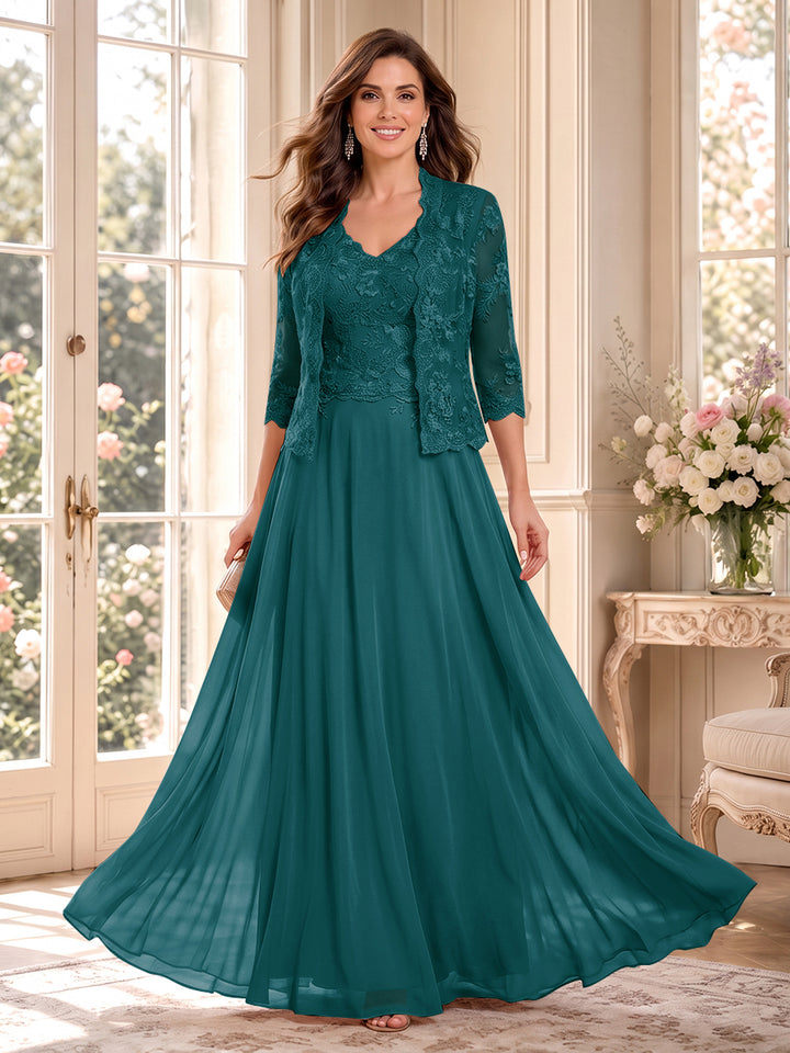 A-Line/Princess V-Neck 3/4 Sleeves Floor-Length Mother of the Bride Dresses with Jacket &amp; Applique