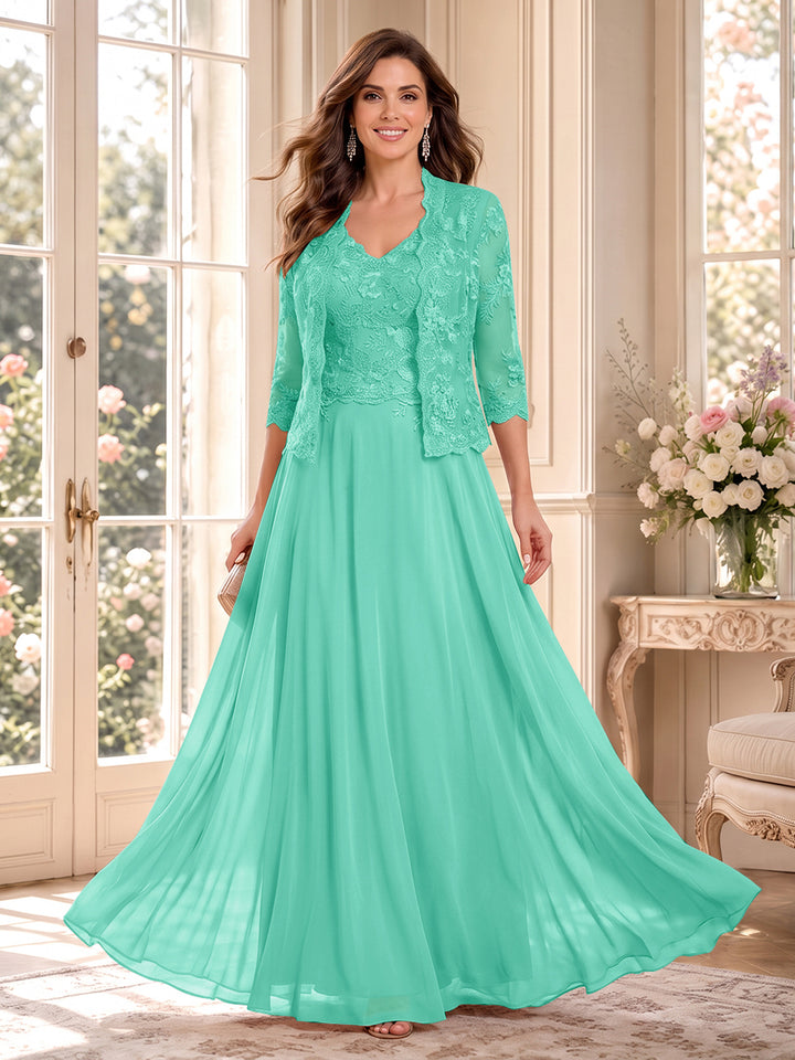 A-Line/Princess V-Neck 3/4 Sleeves Floor-Length Mother of the Bride Dresses with Jacket &amp; Applique