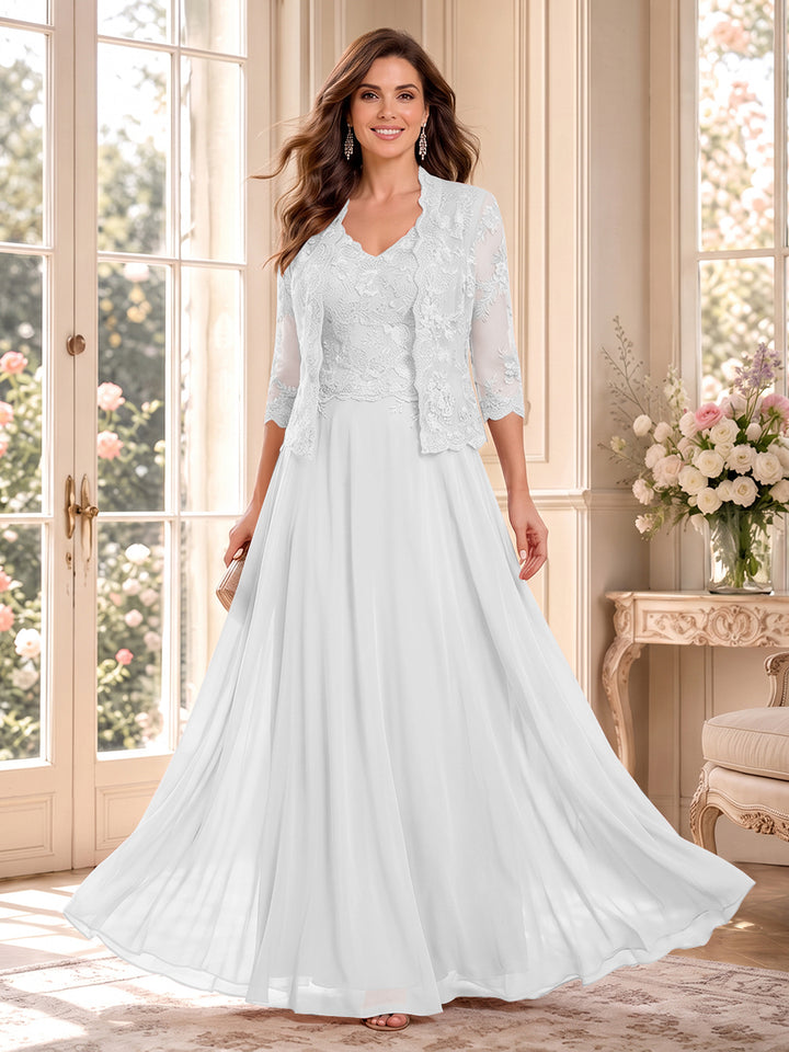 A-Line/Princess V-Neck 3/4 Sleeves Floor-Length Mother of the Bride Dresses with Jacket &amp; Applique