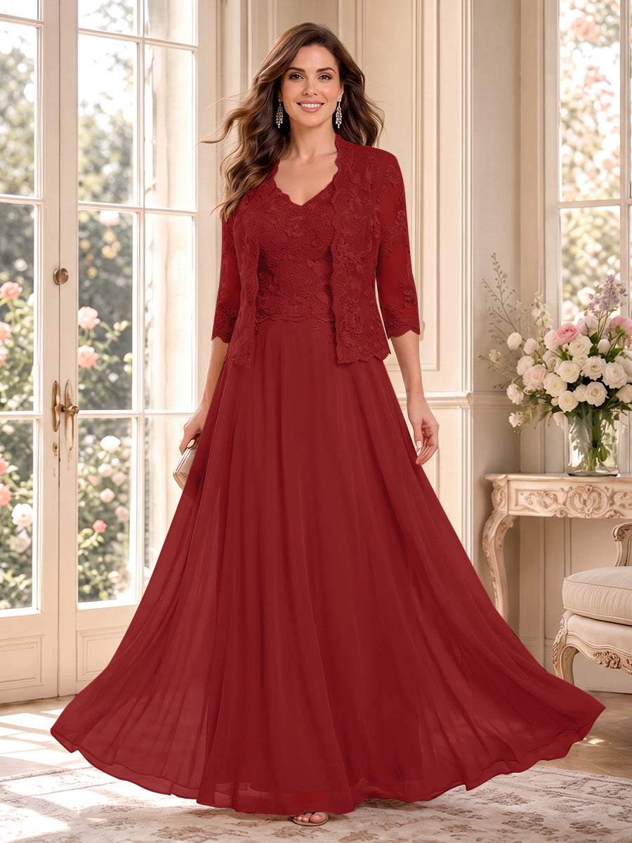 A-Line/Princess V-Neck 3/4 Sleeves Floor-Length Mother of the Bride Dresses with Jacket &amp; Applique