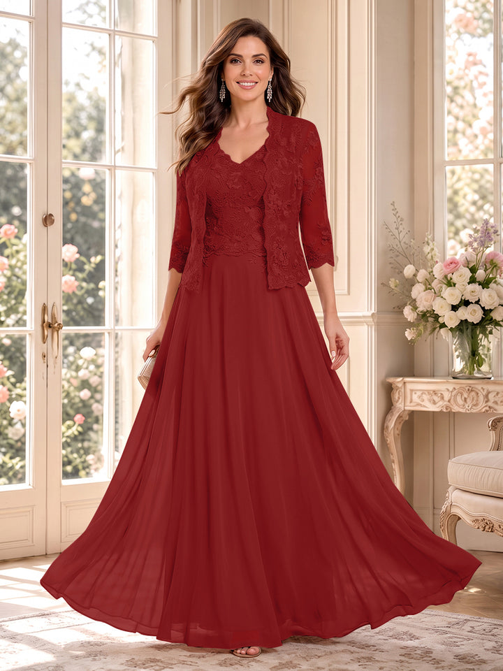 A-Line/Princess V-Neck 3/4 Sleeves Floor-Length Mother of the Bride Dresses with Jacket &amp; Applique