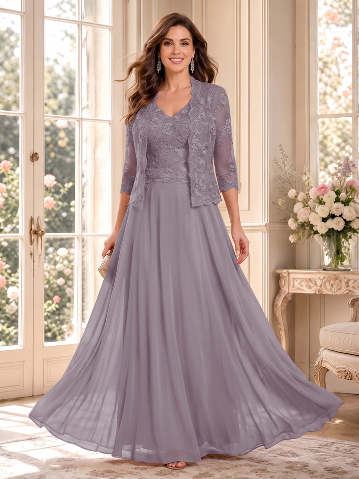 A-Line/Princess V-Neck 3/4 Sleeves Floor-Length Mother of the Bride Dresses with Jacket &amp; Applique