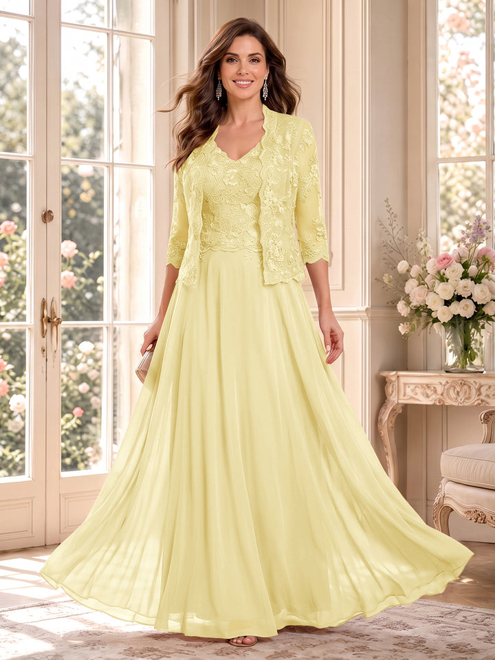 A-Line/Princess V-Neck 3/4 Sleeves Floor-Length Mother of the Bride Dresses with Jacket &amp; Applique
