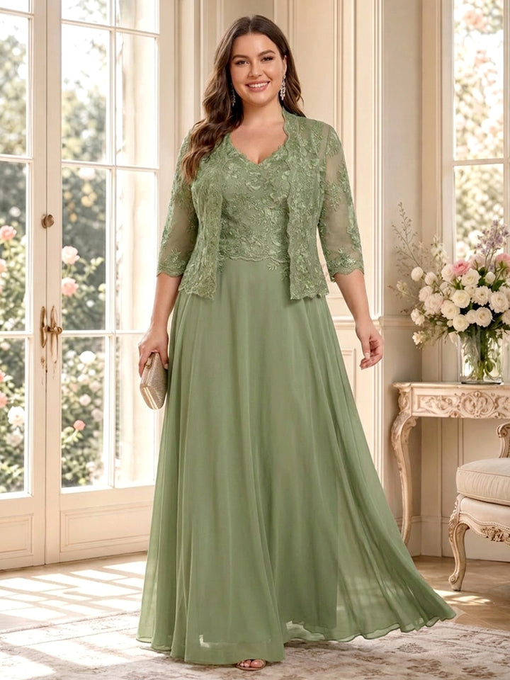 A-Line/Princess V-Neck 3/4 Sleeves Floor-Length Plus Size Mother of the Bride Dresses with Jacket &amp; Applique