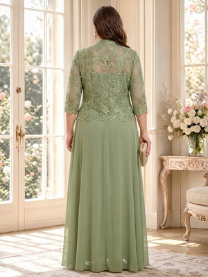 A-Line/Princess V-Neck 3/4 Sleeves Floor-Length Plus Size Mother of the Bride Dresses with Jacket & Applique
