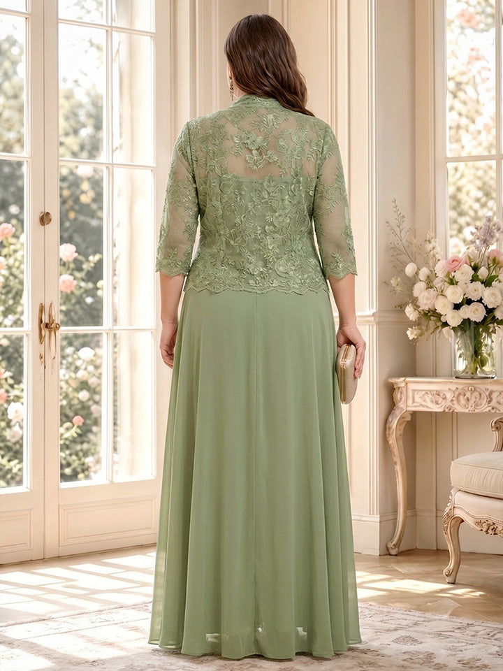 A-Line/Princess V-Neck 3/4 Sleeves Floor-Length Plus Size Mother of the Bride Dresses with Jacket &amp; Applique