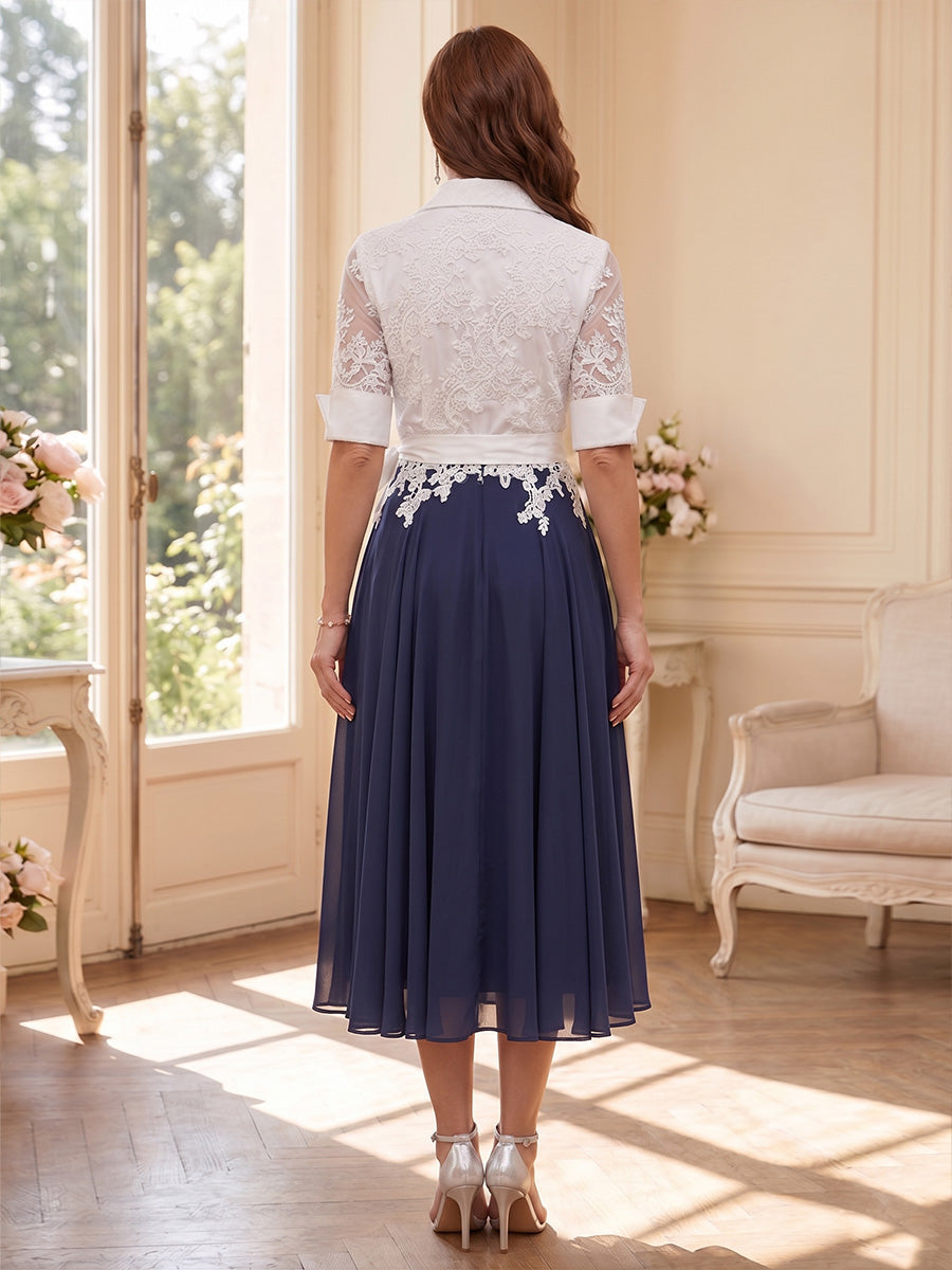 A-Line/Princess Shirt Collar Half Sleeves Tea-Length Mother of the Bride Dresses with Bowknot &amp; Applique