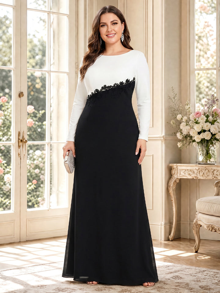 A-Line/Princess Long Sleeves Scoop Floor-Length Plus Size Mother of the Bride Dresses with Applique