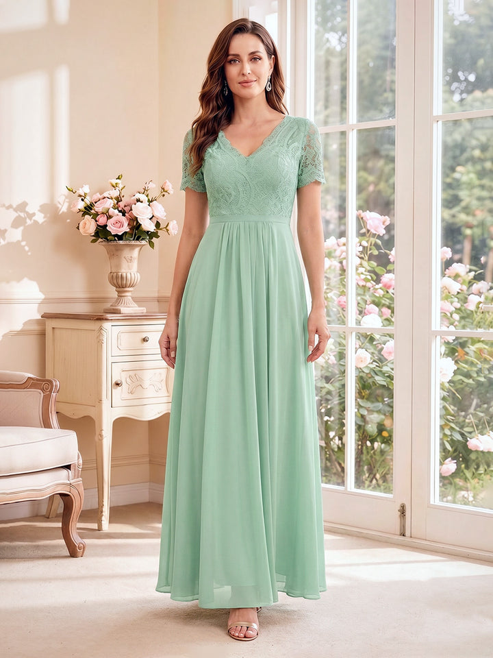 A-Line/Princess V-Neck Short Sleeves Ankle-Length Mother of the Bride Dresses with Appliques