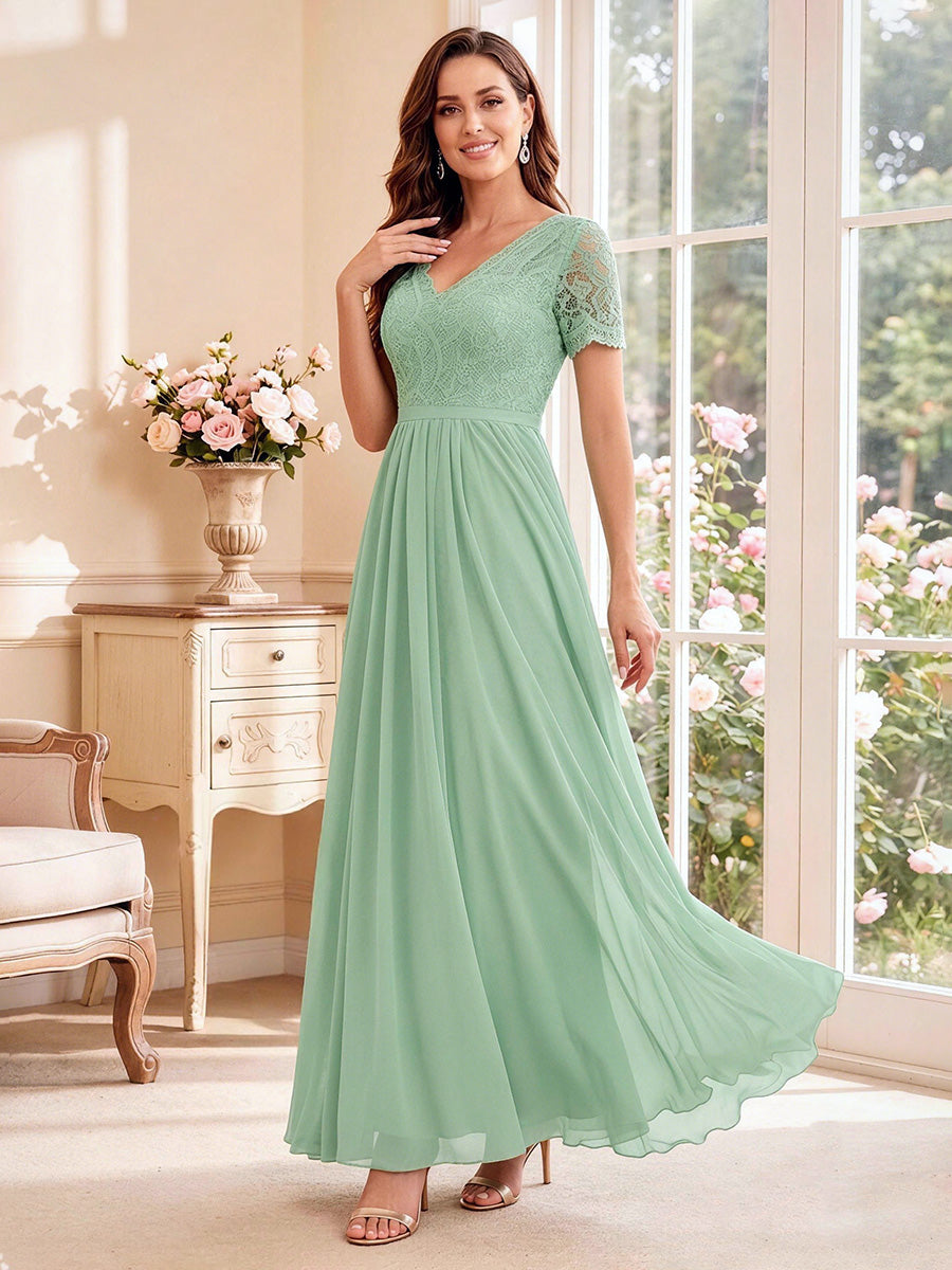 A-Line/Princess V-Neck Short Sleeves Ankle-Length Mother of the Bride Dresses with Appliques