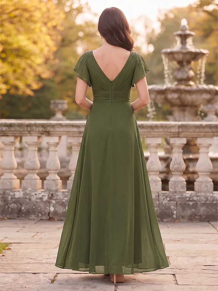 A-Line/Princess V-Neck Short Sleeves Ankle-Length Mother of the Bride Dresses with Ruffles &amp; Split Side