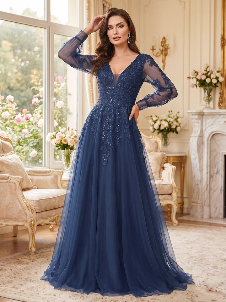 A-Line/Princess V-Neck Long Sleeves Floor-Length Mother of the Bride Dresses with Lace &amp; Applique