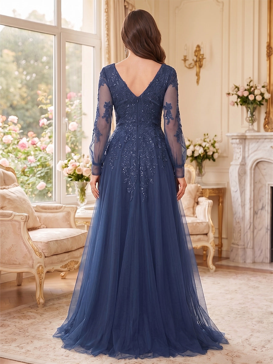 A-Line/Princess V-Neck Long Sleeves Floor-Length Mother of the Bride Dresses with Lace &amp; Applique