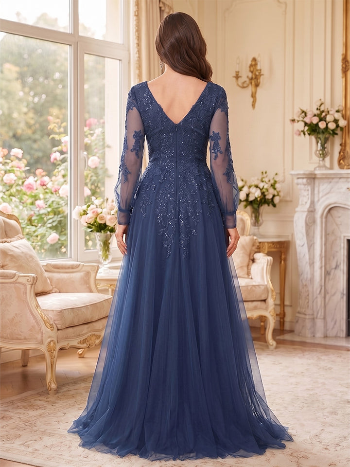 A-Line/Princess V-Neck Long Sleeves Floor-Length Mother of the Bride Dresses with Lace &amp; Applique