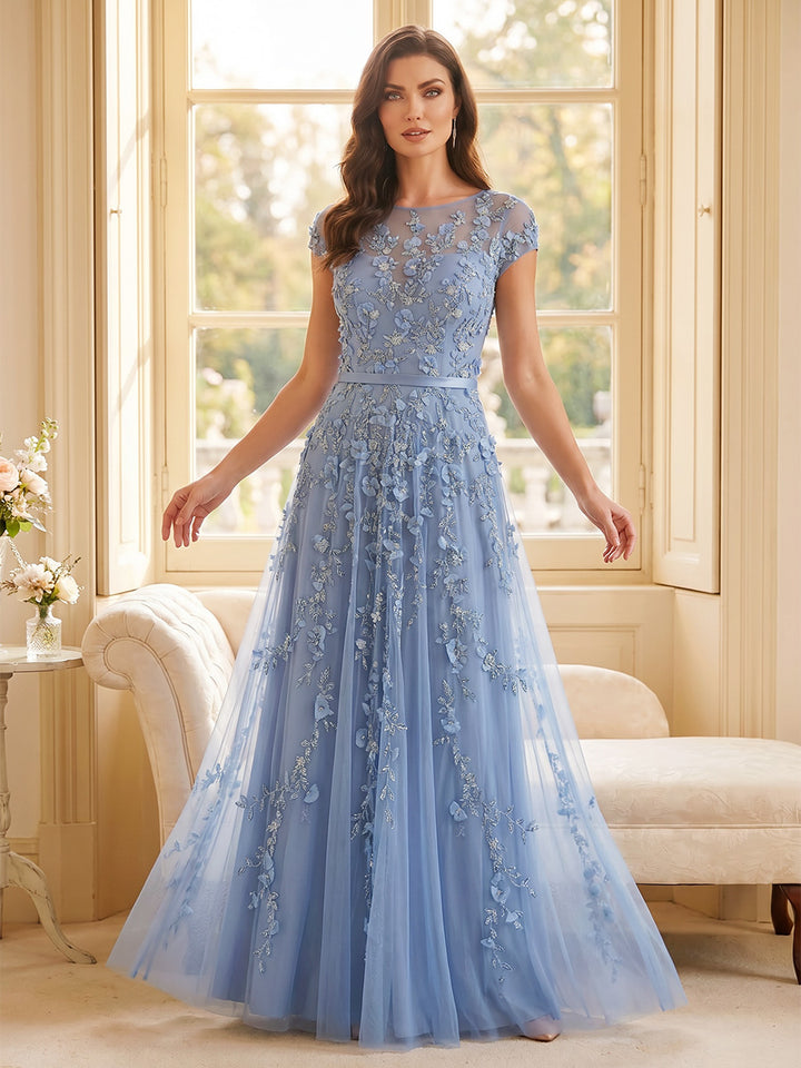 A-Line/Princess Scoop Short Sleeves Floor-Length Mother of the Bride Dresses with Lace &amp; 3D Floral